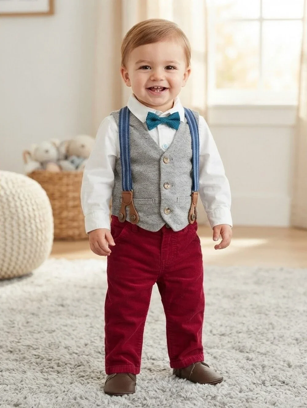 12M Kids Suspenders And Bow Tie Outfit with Red Pants and Gray Vest